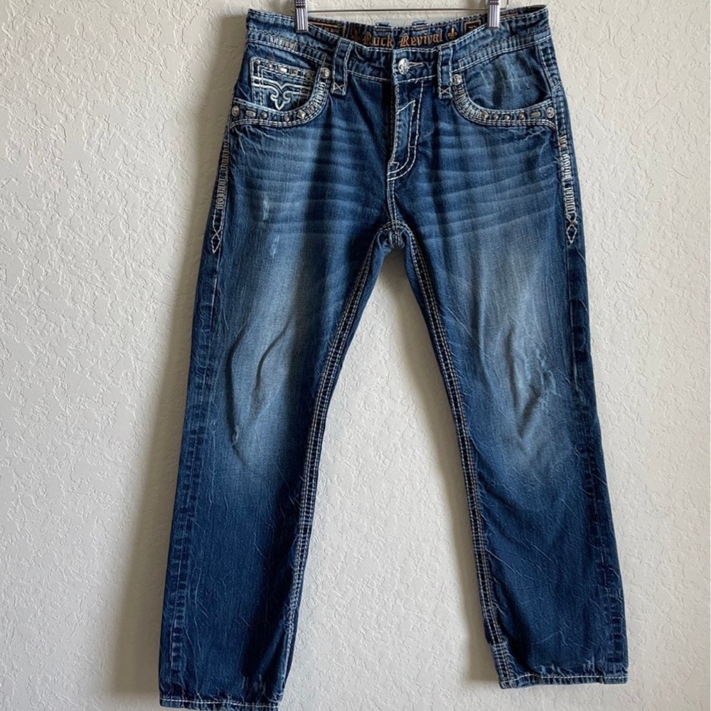 Rock Revival Blue Straight Jeans with Natural Fading